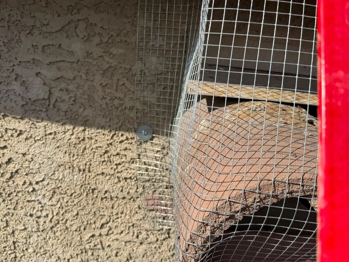 Close-up of galvanized mesh screwed to stucco and wrapped around patio cover beams
